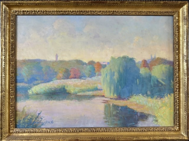 Oil on Canvas Painting, Ernest Principato: Oil on Canvas Painting, Signed "E. Principato" (Ernest G. Principato, American b. 1945) Titled "The Emerald Necklace". Excellent condition, set in moulded gilt wooden frame, measures: 25" H x 33" W, I