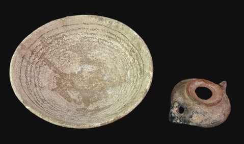 Ancient Aramaic Incantation Bowl, Lamp (2pc)