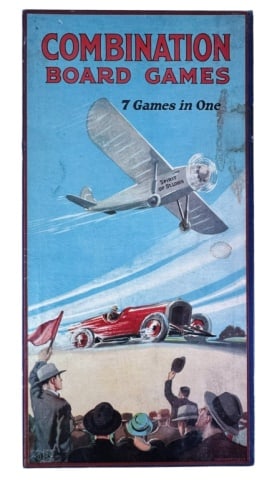 Game, Wilder Mfg "Combination Board Game" Ca. 1930: Antique Game board, "Combination Board Game: 7 Games in One" produced by the Wilder Manufacturing Company of St. Louis, Missouri. Game box with cover illustration of Charles Lindbergh's "Spirit of St.