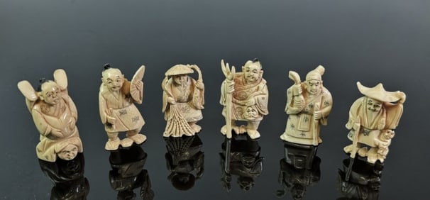 Antique Meiji Japanese Carved Netsuke (6pc)