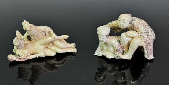Antique Japanese Erotic Carved Okimono (2pc)