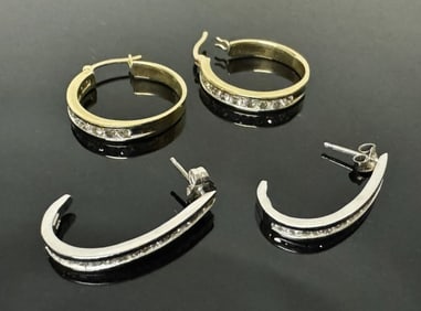 Two Pair 14K Gold, Diamond Earrings (4pc)