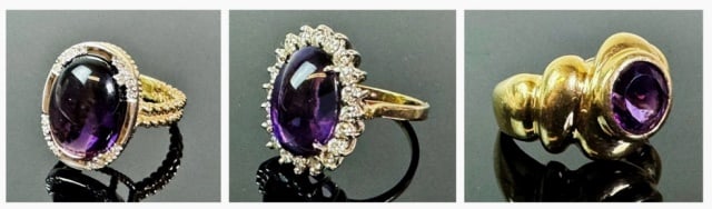 Three 14K Gold Amethyst Rings (3pc): Three 14K Gold Amethyst and Diamond Rings: (1) 14K yellow and white gold ring set with center cabochon amethyst with round diamond surround, (1) 14K yellow and white gold ring set with center cabochon