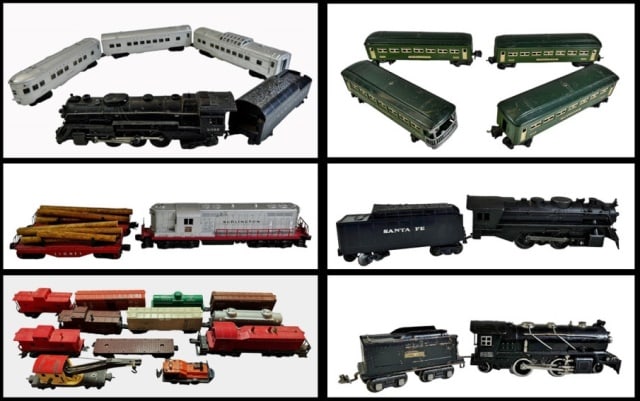 Lionel Train Collection (32pc): Collection of Thirty Two Antique Lionel Trains: (6) Steam locomotive #666 with tender marked "Sante Fe" with box cars and caboose marked "A.T.&F" and tanker car marked "CSOX--Cities Service" #2532; (1