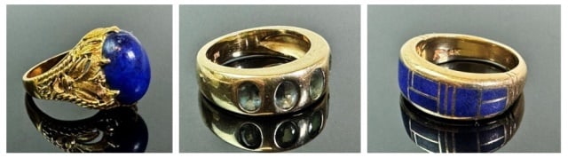 Three 14K Gold Gemstone Rings (3pc): Three Antique 14K gold rings: (1) 14K yellow gold ring bezel set with lapis lazuli, (1) 14K yellow gold ring set with center lapis lazuli stone, (1) 14K yellow gold rings bezel set with four oval cut 