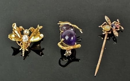 14K Gold Gemstone Figural Pins (3pc)