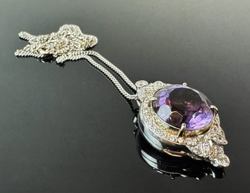 18K Gold Necklace, Amethyst and Diamond Pendant