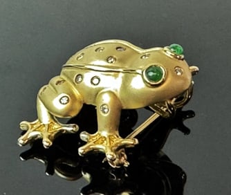 14K Gold Gemstone Frog Form Pin