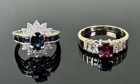 Two 14K Gold Diamond and Gemstone Rings (2pc)