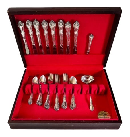 Sterling Flatware Set, Gorham, Rose Tiara (39pc): Thirty-nine Piece Sterling Silver Flatware Set, Gorham, Rose Tiara: Service for 8 (minus 1 salad fork), four piece setting with extras: (10) Teaspoons, (8) Dinner Forks, (7) Salad Forks, (8) Dinner Kn