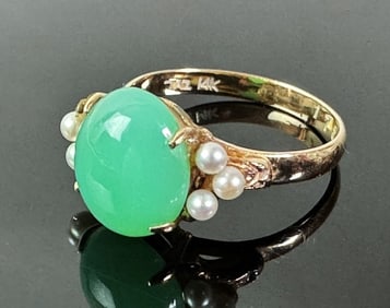 14K Gold Jade and Seed Pearl Ring