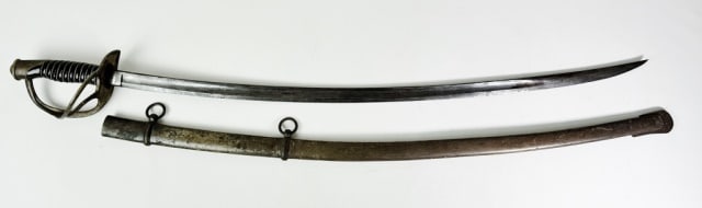 Civil War Model 1860 Cavalry Sword: Civil War Model 1860 Cavalry Sword. Single fullered curved steel blade, ricasso unsigned. Brass three branch guard, wire wrapped leather grip. Sword accompanied by steel scabbard. Good condition, meas
