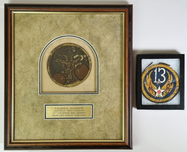 WW2 US Army AF Patches, 51st Ftr Sqd, 13 AF: wo US Army Airforce Patches: (1) Matted and framed WW2 leather jacket patch for Wilmer K. Allebach of the 51st Fighter Squadron (The "Battlin' Billygoats") based at Howard Field, Panama Canal Zone. Fr