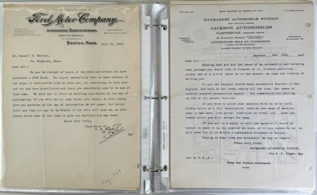 Early 20 C Automobile Ephemera Collection (34pc): Thirty-four piece collection of early automobile correspondence and product literature dating between 1903-1907 sent to Russell Whiting of North Weymouth, MA by Oldsmobile (Olds Motor Works, 1903), Fo