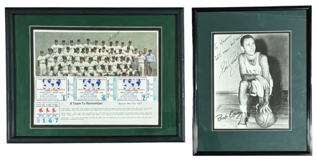 Autographed Photos, Boston Red Sox, Celtics (2pc): Boston Sports Collection: (1) Framed color photograph of the 1967 Boston Red Sox Baseball Team, boldly signed in ink by 13 team members: Manager Dick Williams, Coach Eddie Popowski, Trainer Buddy LeRo