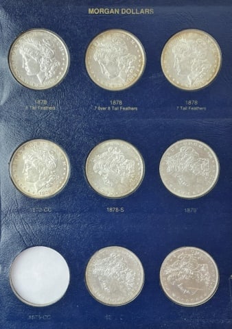 1878-1921 Morgan Silver Dollars, F-BU (67pc): Collection of Sixty-seven U.S. Morgan Silver Dollars in Two Albums: 1878 8 TF, 1878 7 over 8 TF, 1878 7 TF, 1878 CC, 1878 S, 1879, 1879 O, 1879 S, 1880, 1880 O, 1880 S, 1881, 1881 O, 1881 S, 1882, 188
