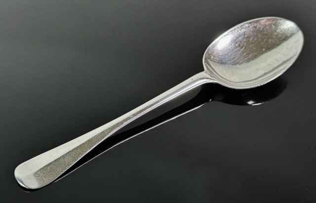 18th C Boston Silver Tablespoon, Jonathan Trott: 18th C. American Coin Silver Tablespoon, Signed with "J TROTT" (Jonathan Trott, Boston, 1730-1815). Bowl form with reverse scallop shell with period hand chased monogram "A + P" with "Raymond H. Trott