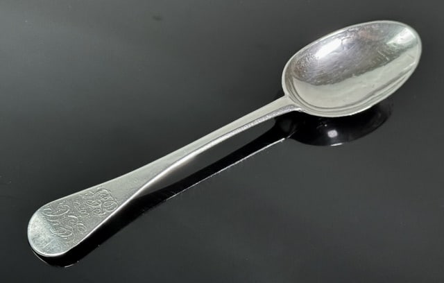 18th C Boston Coin Silver Tablespoon, BH: 18th C. American Coin Silver Tablespoon, Signed with "BH" (Benjamin Hurd,1739-1781). Bowl form with reverse scallop shell, period hand chased monogram "GH to EGS". Good condition with wear, measures: 