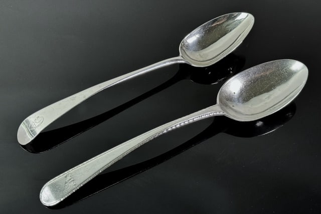 18th C Boston Silver Tablespoons, J Loring (2pc): wo 18th C. American Coin Silver Tablespoons, Signed "J Loring" (Joseph Loring, Boston,1743-1815). One with bright cut edge and hand chased armorial crest, other with "C" monogram. Good condition, meas