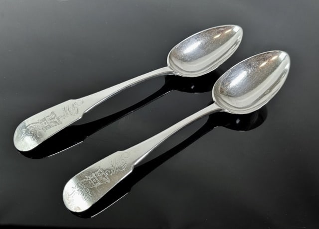 19th C American Silver Tablespoons, JB (2pc): Pair of American Coin Silver Tablespoons, Signed "J.B.", (Unknown Maker). Hand chased heraldic dragon and crown and " J.W." period monogram. Good condition with wear, measure: 8.75" L, Weight: 4.8 Ozt