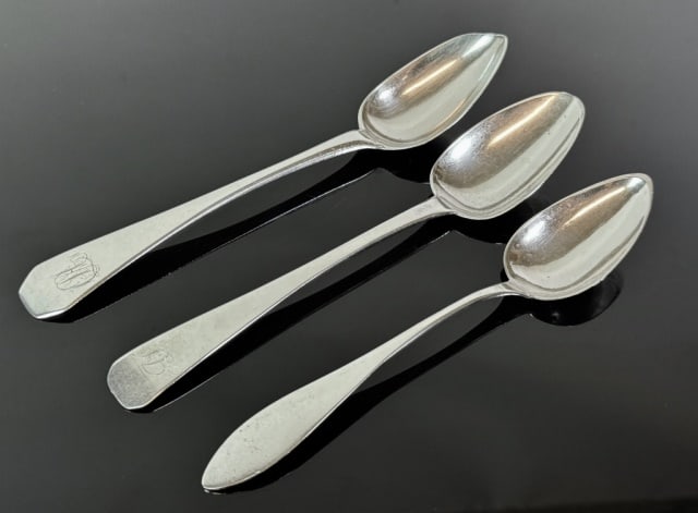 18th C Boston Silver Spoons, Mixed Makers (3pc): Collection of Three 18th-19th C. American Coin Silver Tablespoons: (1) Spoon signed "T A DAVIS", (Thomas Aspinwall Davis, Boston, 1798-1845). Spoon with "LBJC" monogram, (1) Spoon signed "PONS" (Thoma