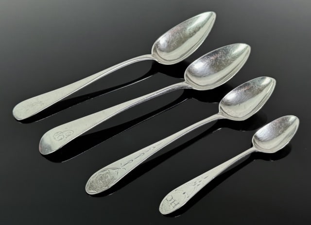 18th C American Silver Spoons, Mixed Makers (4pc): Collection of Four American Coin Silver Spoon of Mixed Makers: (1) Spoon signed "TB" (Timothy Brigden, Albany NY, 1774-1819) with "EB" monogram, (1) Spoon signed "EVANS" (Robert Evans, Boston, MA 1768