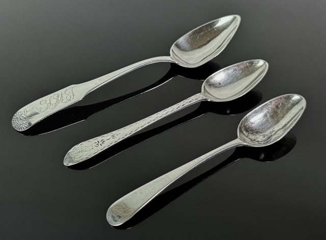 18th C Philadelphia Coin Silver Spoons (3pc): Collection of Three American Coin Silver Spoons Philadelphia Makers: (1) Spoon with bright cut decoration, signed "I.D" (Jonathan Davenport, Philadelphia, 1759-1797) (1) Spoon double struck "JR" (Jose