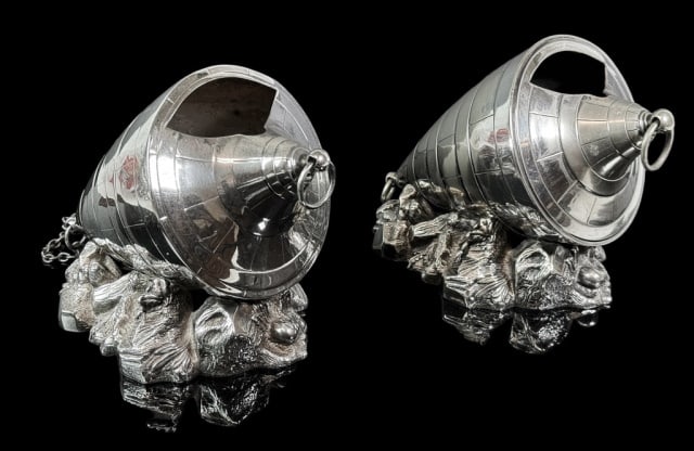 Antique Figural Silver Plate Spoon Warmers (2pc): Two Antique English Figural Silver Plated Spoon Warmers. Matching buoy form with ring. Good condition, measure: 5.75" H x 7" L.