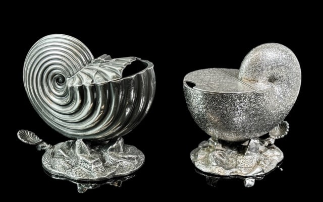 Antique Figural Silver Plate Spoon Warmers (2pc): Two Antique English Figural Silver Plated Spoon Warmers. Nautilus form, one with ribbed pattern and one with foliate decoration. Good condition, larger measures: 6" H x 7" L.