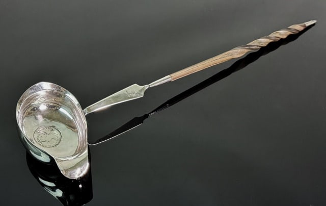 Sterling Punch Ladle, 1711 Queen Anne Shilling: English George III Sterling Silver Coin Set Punch Ladle with Baleen Handle. Bowl set with 1711 dated Queen Anne shilling and hallmarks for Exeter, 1817 and maker mark "GF" (George Ferris). Twisted bal