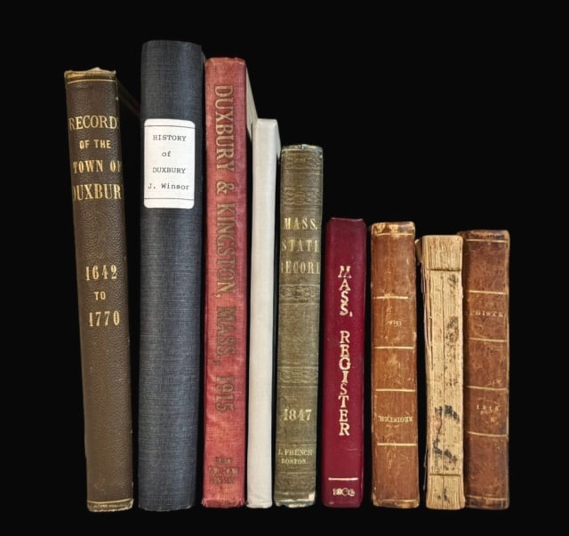 Books, MA Registers, Duxbury Histories (9pc): Collection of Nine Duxbury, Massachusetts Histories, Directory, and early 19th century MA Registers: (1) "Copy of the Old Records, Town of Duxbury, Mass. From 1642 to 1770" (Plymouth: 1893); (1) "A Hi