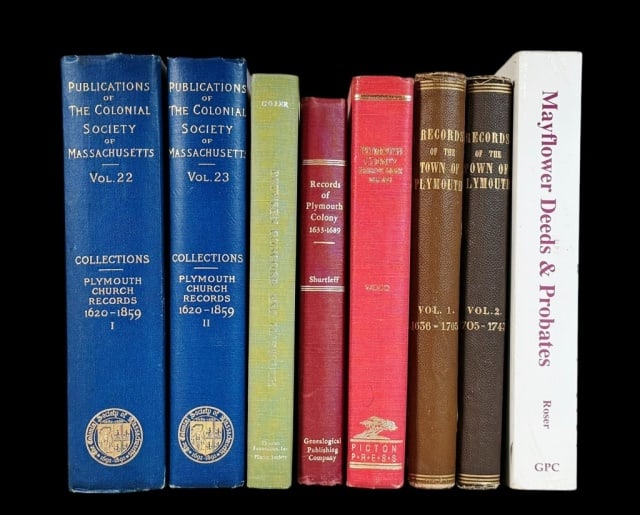 Books, Plymouth Colony Records, Histories (8pc): Collection of Eight Plymouth Colony Histories: (2) "Records of the Town of Plymouth" 2 Volumes (Plymouth: Avery & Doten, 1889), Volume I: 1636-1705; Volume II: 1705-1743; (2) Plymouth Church Records,1