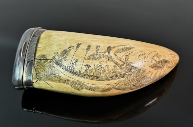 1901 Scrimshaw Whales Tooth Snuff Box: 1901 Hallmarked English Silver Mounted Scrimshaw Sperm Whale Tooth. Sterling silver fitted compartment with hinged lid, gold washed interior and hallmarks for Birmingham, 1901 Date Letter and Maker "H
