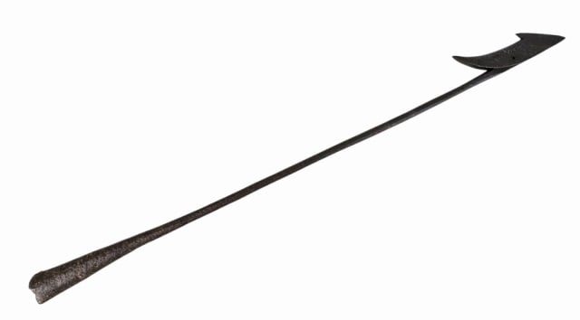 19th C. Whaling Toggle Harpoon: 19th C. Whaling Toggle Harpoon. Long shafted socketed harpoon with pinned double barbed toggle head. Good condition with old surface oxidation, measures: 32.25" L.
