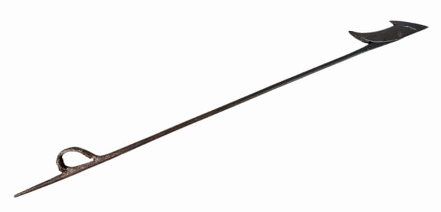 19th C. Whaling Toggle Harpoon, Signed "Peters": 19th C. Whaling Toggle Harpoon, Signed "PETERS", (Ambrose J. Peters, New Bedford, Massachusetts). Long shafted loop form harpoon with pinned double barbed toggle head. Good condition with old surface 