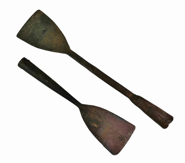 19th C. Wrought Iron Whaling Blubber Spades, JMS: Two 19th C. Bench Made Wrought Iron Whaling Blubber Spades: (1) Spade with long shank and folded socket, (1) Spade signed "JMS" with remnants of red paint. Excellent condition with wear and old oxidat