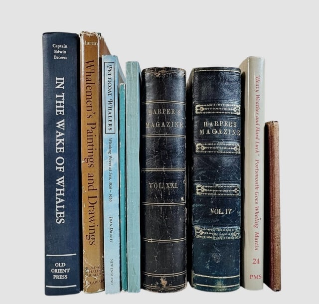 Books, 19th C Whaling Collection (9pc): Collection of Nine Whaling Books: (1) "The Ann Maria" by George Bronson (Fall River, MA : Almy, Milne and Company, Printers, 1869),12mo, cloth, gilt title on front board, 43pp. Rare narrative poem abo