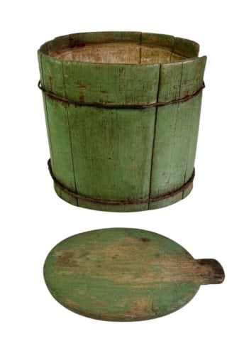 19th C Primitive Painted Wooden Butter Bucket: 19th C. Primitive Painted Butter Bucket. Wood stave construction secured by iron wire band with fitted butter paddle carved top. Period green painted surfaces. Good condition with wear, measures: 10.7
