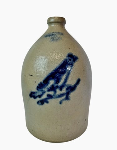 19th C. Stoneware Decorated Jug, J & E Norton: 19th C. Decorated Stoneware Two Gallon Jug, Signed "J. & E. NORTON BENNINGTON 2". Loop handled jug with cobalt bird decoration. Good condition, small flakes at lip, measures: 14.5" H.