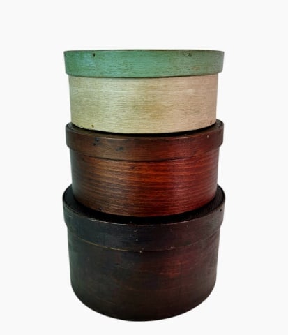 19th C New England Wooden Pantry Boxes (3pc): Collection of Three 19th C. New England Bent Wood Pantry Boxes. Wood bodies with fitted lids. Two with natural surfaces, one with period white and green paint. Good condition with wear, largest measur