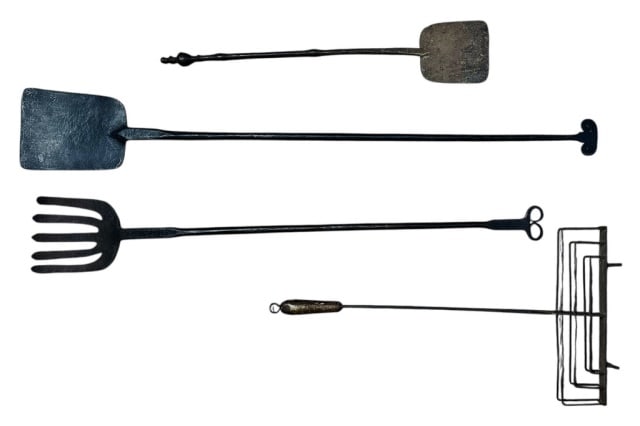 18th C Wrought Iron Fireplace Tools (4pc): Collection of Four 18th C. Wrought Iron Fireplace Tools: (1) Peel with rams head end, (1) Fire fork with rams head end, (1) Small peel, (1) Toaster with hinged basket. Good condition with old oxidatio