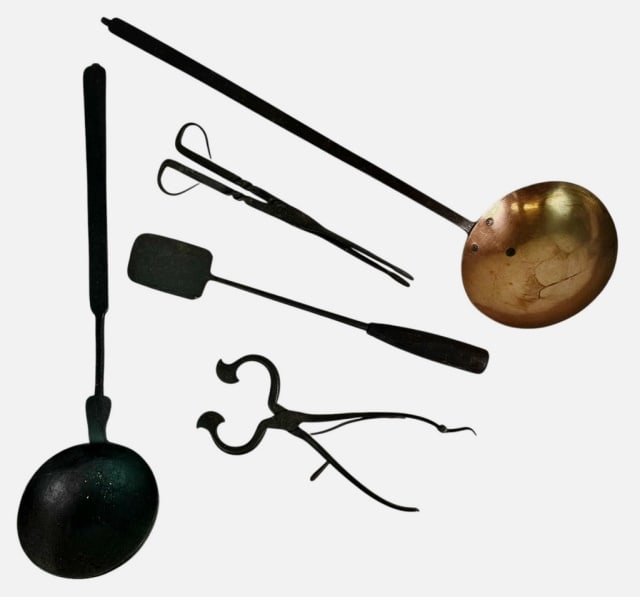 18th-19th C Wrought Iron Implements (5pc): Collection of Five 18th and 19th C. Wrought Iron Implements: (1) Sugar nips, (1) Spatula, (1) Fireplace tongs, (2) Ladles, one with copper bowl. Good condition, largest measures: 21.5" L