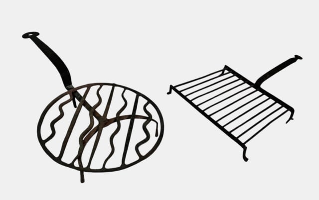 18th C Wrought Iron Fireplace Toasters (2pc): Two 18th C. Wrought Iron Toasters: (1) Toaster with square form with four feet, (1) Three footed wheel form toaster with curved handle. Good condition with old oxidation, larger measures: 4.75" H x 21