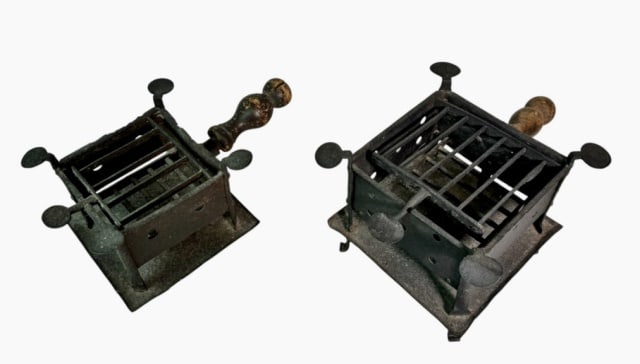 Revolutionary War Wrought Iron Camp Stoves (2pc): Two 18th C. Revolutionary War Period Wrought Iron Camp Stoves. Box form five arm stoves with removable grills, turned wooden handles and tray bases. Good condition with old oxidation, largest measures