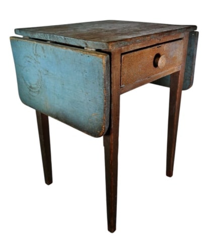 19th C. Pine Work Table in Old Paint: 19th C. Hinged Leaf Work Table. Pine construction with single chamfered and dovetailed drawer with mushroom pull. Hinged leaves with tapered legs and period blue painted surfaces. Good condition, surf