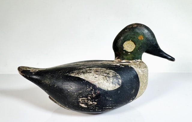 Antique Diminutive Bufflehead Wooden Duck Decoy: Antique Diminutive Hand Carved and Painted Bufflehead Duck Decoy, Base signed "WH 43". Decoy with lead weight attached to base. Good condition, measures: 5" H x 9.25" L.