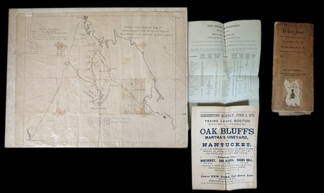 Map, Timetables, Old Colony Railroad (4pc): Collection of Old Colony Railroad Ephemera: (1) Map titled "Extract from Borden's Map of Massachusetts with the Several Branch Railroads contemplated by Hale's Petition and Others." Map shows existing