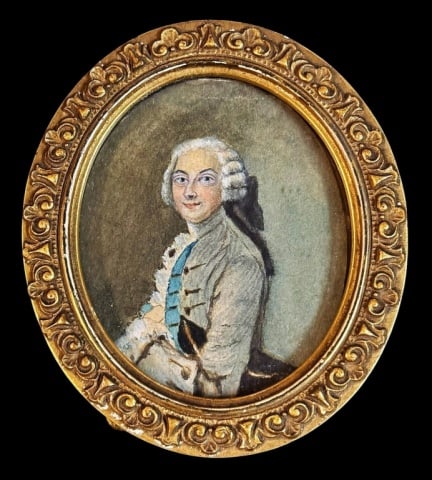 18th C French Painted Miniature, Pierre Du Pont: 18th C. French Painted Miniature Portrait of Pierre Samuel du Pont Nemours (1739-1817). Hand painted watercolor gouache on panel of a gentleman identified on reverse in ink as Samuel du Pont. Painting