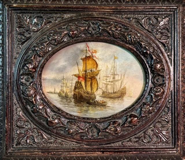Antique Continental Oil on Panel Painting: Antique Continental Oil on Brass Plate Painting. Detailed depiction of sailing ships with launch. Painting in good condition, set in ornate carved wooden frame, measures: 8.5" H x 9.75" W.