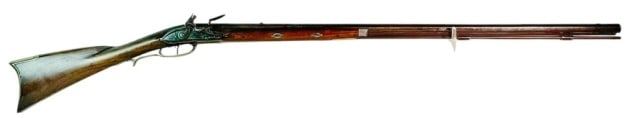 18th C. American Flintlock Rifle, J. Mason: Circa 1795 New England Flintlock Rifle, Barrel Signed "J. Mason" (John Mason, Worcester Massachusetts, 1775-1843) . Carved walnut half stock with brass furniture and silver inlayed stylized Federal Ea